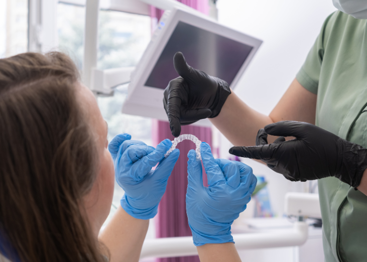 Person in dentist chair with dentist providing options